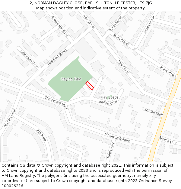 2, NORMAN DAGLEY CLOSE, EARL SHILTON, LEICESTER, LE9 7JG: Location map and indicative extent of plot