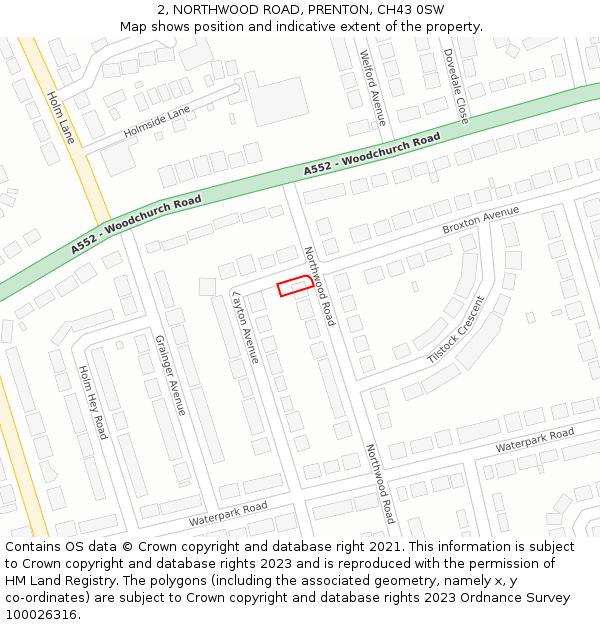 2, NORTHWOOD ROAD, PRENTON, CH43 0SW: Location map and indicative extent of plot