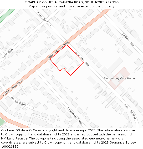 2 OAKHAM COURT, ALEXANDRA ROAD, SOUTHPORT, PR9 9SQ: Location map and indicative extent of plot