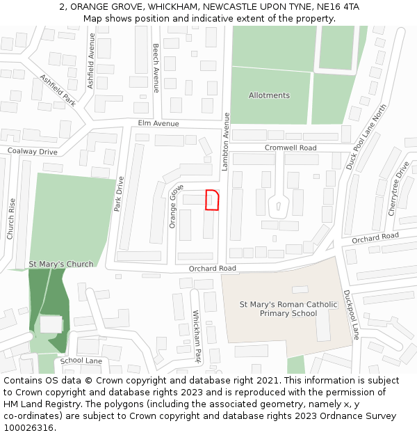 2, ORANGE GROVE, WHICKHAM, NEWCASTLE UPON TYNE, NE16 4TA: Location map and indicative extent of plot