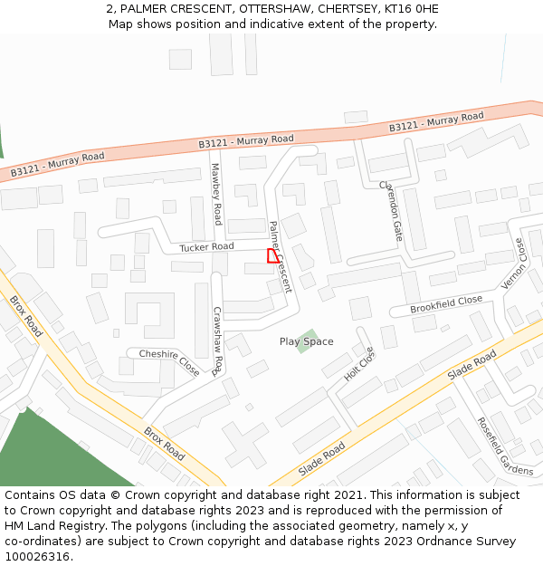 2, PALMER CRESCENT, OTTERSHAW, CHERTSEY, KT16 0HE: Location map and indicative extent of plot