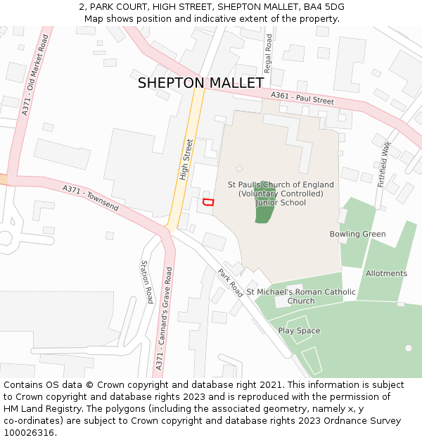 2, PARK COURT, HIGH STREET, SHEPTON MALLET, BA4 5DG: Location map and indicative extent of plot