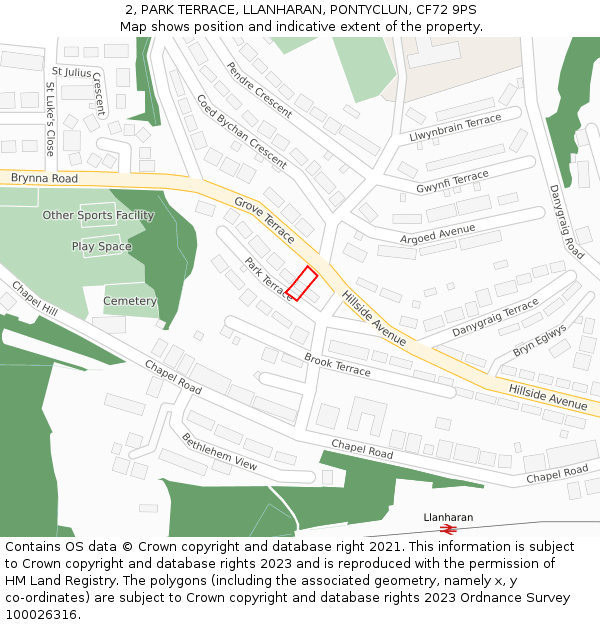 2, PARK TERRACE, LLANHARAN, PONTYCLUN, CF72 9PS: Location map and indicative extent of plot