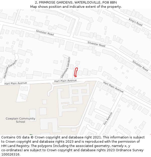 2, PRIMROSE GARDENS, WATERLOOVILLE, PO8 8BN: Location map and indicative extent of plot