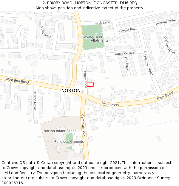 2, PRIORY ROAD, NORTON, DONCASTER, DN6 9EQ: Location map and indicative extent of plot