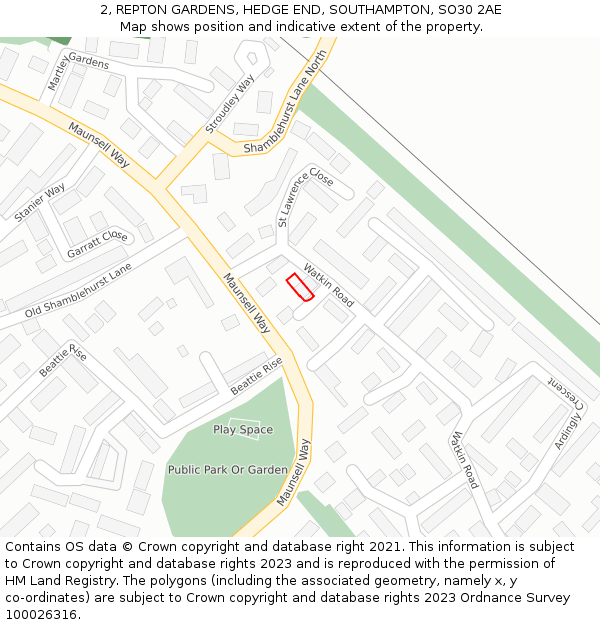 2, REPTON GARDENS, HEDGE END, SOUTHAMPTON, SO30 2AE: Location map and indicative extent of plot