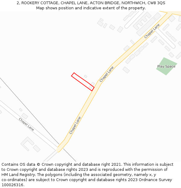 2, ROOKERY COTTAGE, CHAPEL LANE, ACTON BRIDGE, NORTHWICH, CW8 3QS: Location map and indicative extent of plot