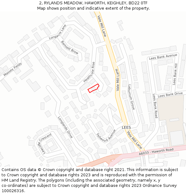 2, RYLANDS MEADOW, HAWORTH, KEIGHLEY, BD22 0TF: Location map and indicative extent of plot