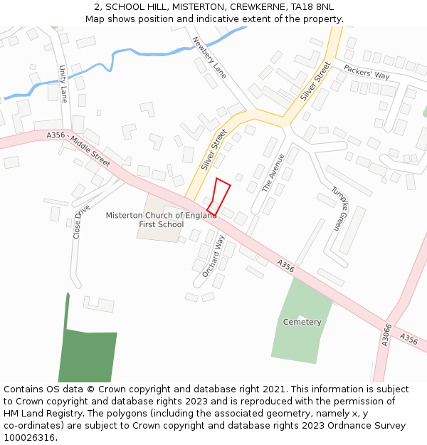 2, SCHOOL HILL, MISTERTON, CREWKERNE, TA18 8NL: Location map and indicative extent of plot