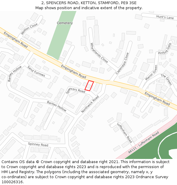 2, SPENCERS ROAD, KETTON, STAMFORD, PE9 3SE: Location map and indicative extent of plot