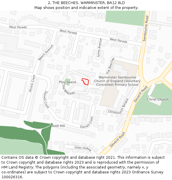 2, THE BEECHES, WARMINSTER, BA12 8LD: Location map and indicative extent of plot