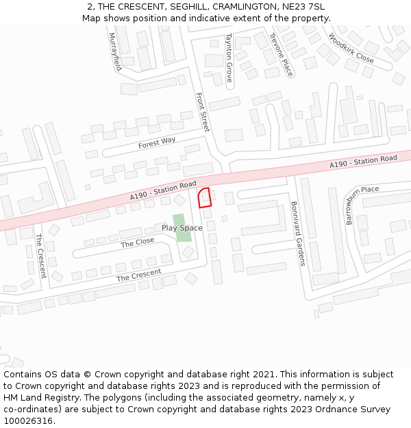 2, THE CRESCENT, SEGHILL, CRAMLINGTON, NE23 7SL: Location map and indicative extent of plot