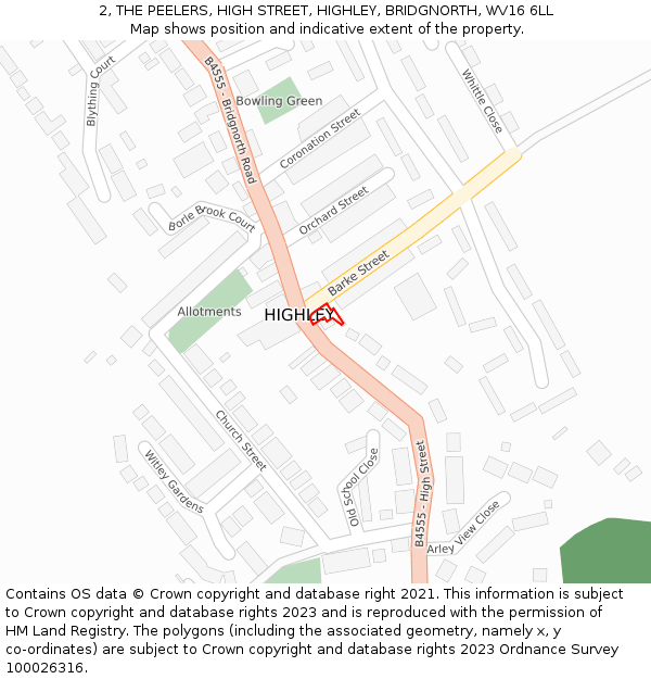 2, THE PEELERS, HIGH STREET, HIGHLEY, BRIDGNORTH, WV16 6LL: Location map and indicative extent of plot