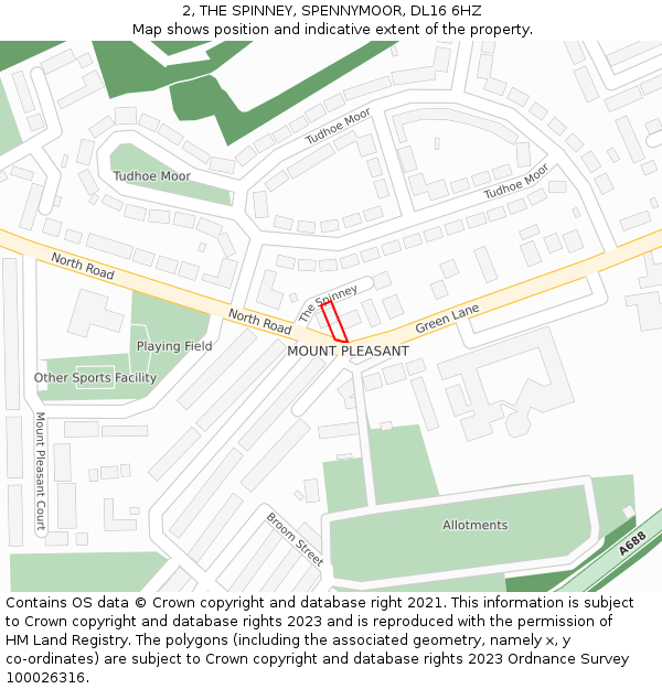 2, THE SPINNEY, SPENNYMOOR, DL16 6HZ: Location map and indicative extent of plot