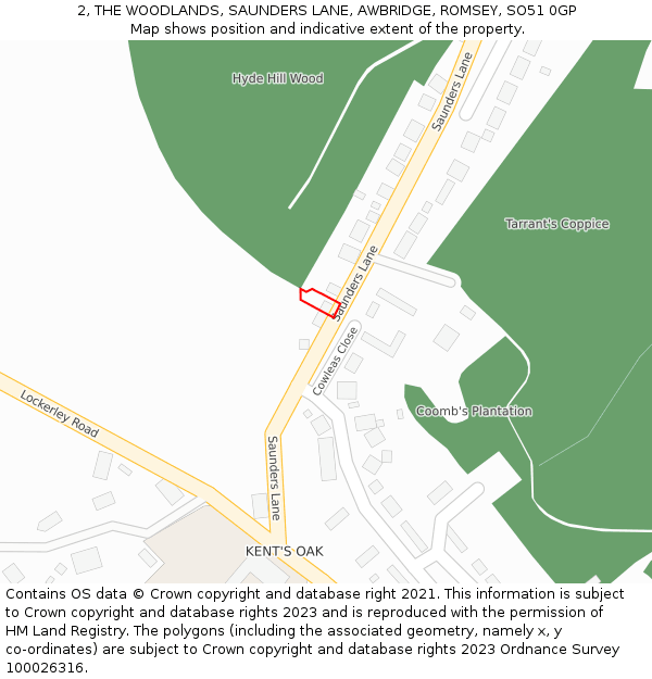 2, THE WOODLANDS, SAUNDERS LANE, AWBRIDGE, ROMSEY, SO51 0GP: Location map and indicative extent of plot