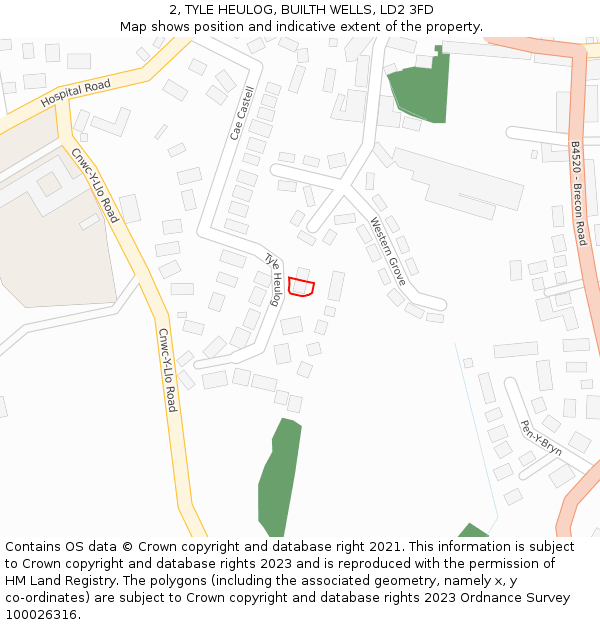 2, TYLE HEULOG, BUILTH WELLS, LD2 3FD: Location map and indicative extent of plot