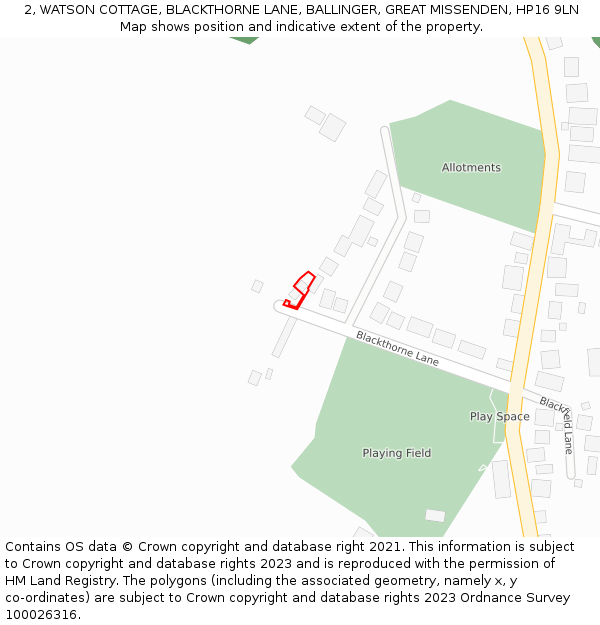 2, WATSON COTTAGE, BLACKTHORNE LANE, BALLINGER, GREAT MISSENDEN, HP16 9LN: Location map and indicative extent of plot