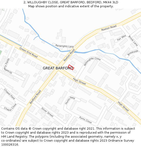 2, WILLOUGHBY CLOSE, GREAT BARFORD, BEDFORD, MK44 3LD: Location map and indicative extent of plot