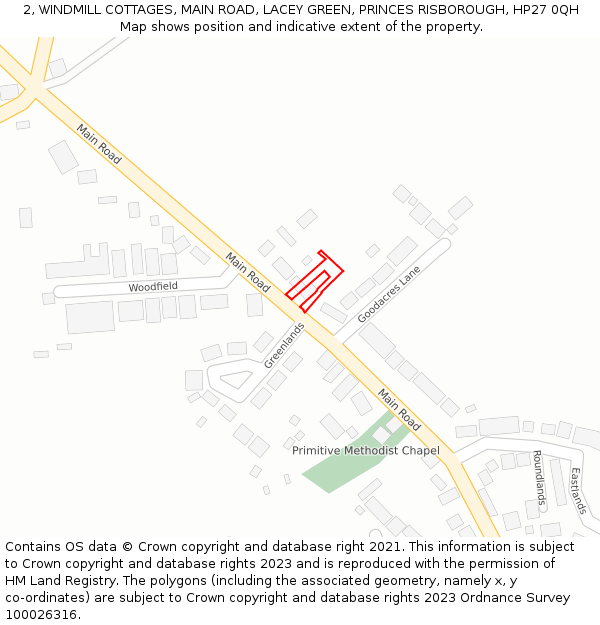 2, WINDMILL COTTAGES, MAIN ROAD, LACEY GREEN, PRINCES RISBOROUGH, HP27 0QH: Location map and indicative extent of plot