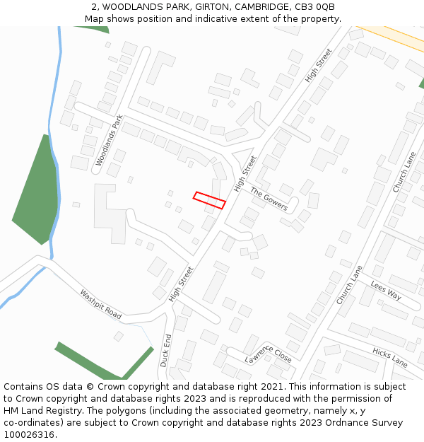 2, WOODLANDS PARK, GIRTON, CAMBRIDGE, CB3 0QB: Location map and indicative extent of plot