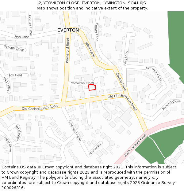 2, YEOVILTON CLOSE, EVERTON, LYMINGTON, SO41 0JS: Location map and indicative extent of plot