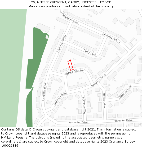 20, AINTREE CRESCENT, OADBY, LEICESTER, LE2 5GD: Location map and indicative extent of plot