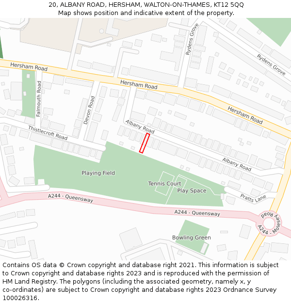 20, ALBANY ROAD, HERSHAM, WALTON-ON-THAMES, KT12 5QQ: Location map and indicative extent of plot