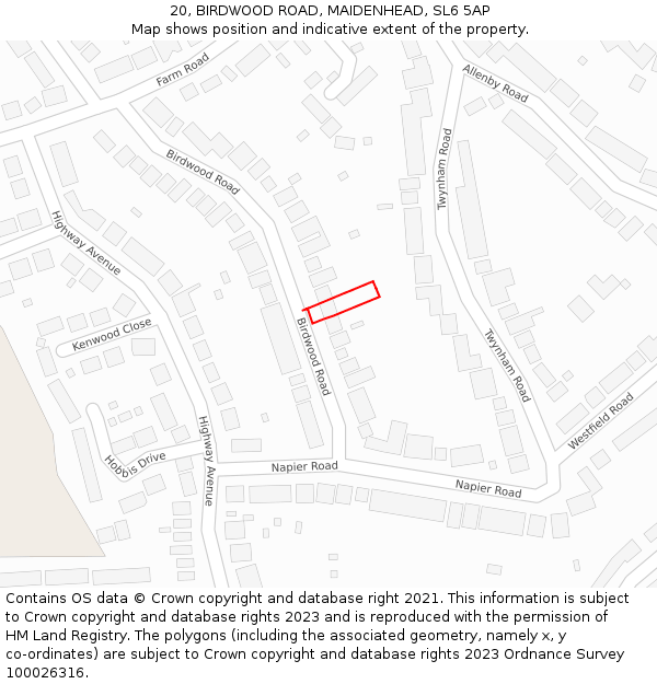 20, BIRDWOOD ROAD, MAIDENHEAD, SL6 5AP: Location map and indicative extent of plot