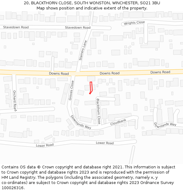 20, BLACKTHORN CLOSE, SOUTH WONSTON, WINCHESTER, SO21 3BU: Location map and indicative extent of plot