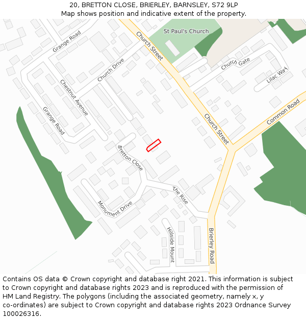 20, BRETTON CLOSE, BRIERLEY, BARNSLEY, S72 9LP: Location map and indicative extent of plot