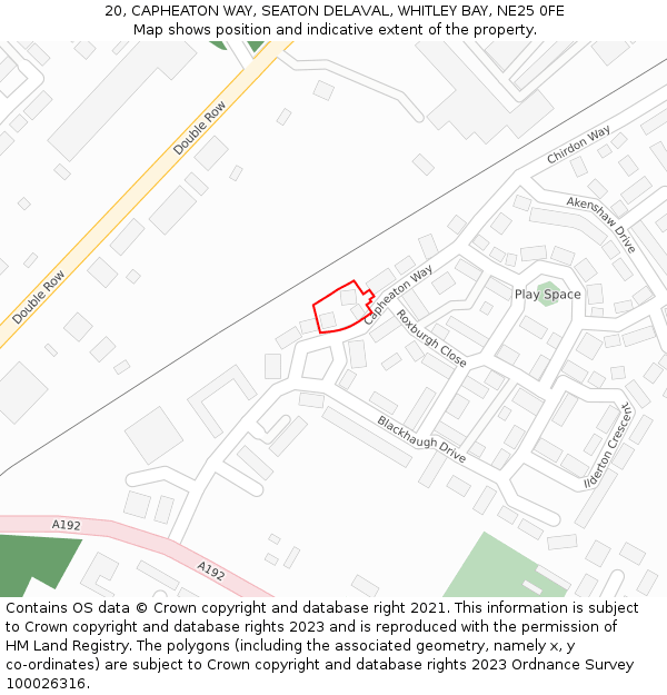 20, CAPHEATON WAY, SEATON DELAVAL, WHITLEY BAY, NE25 0FE: Location map and indicative extent of plot