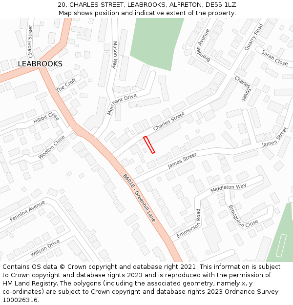 20, CHARLES STREET, LEABROOKS, ALFRETON, DE55 1LZ: Location map and indicative extent of plot
