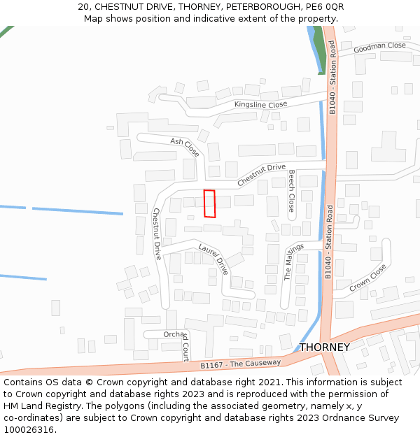 20, CHESTNUT DRIVE, THORNEY, PETERBOROUGH, PE6 0QR: Location map and indicative extent of plot