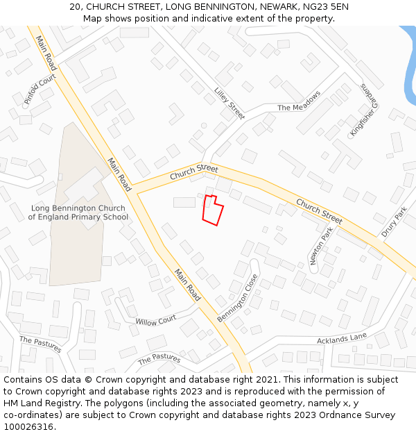 20, CHURCH STREET, LONG BENNINGTON, NEWARK, NG23 5EN: Location map and indicative extent of plot