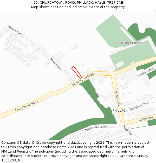 20, CHURCHTOWN ROAD, PHILLACK, HAYLE, TR27 5AE: Location map and indicative extent of plot