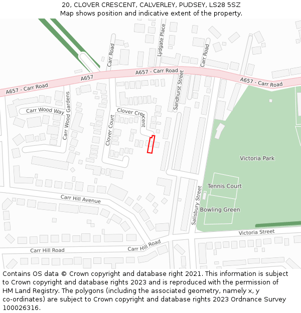 20, CLOVER CRESCENT, CALVERLEY, PUDSEY, LS28 5SZ: Location map and indicative extent of plot