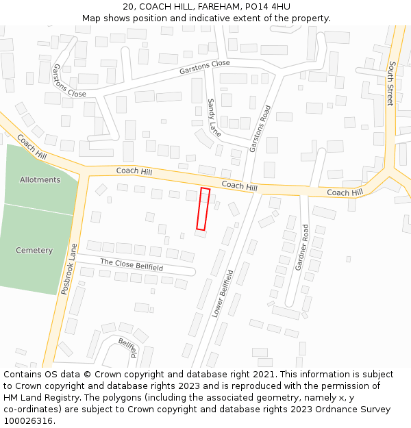 20, COACH HILL, FAREHAM, PO14 4HU: Location map and indicative extent of plot