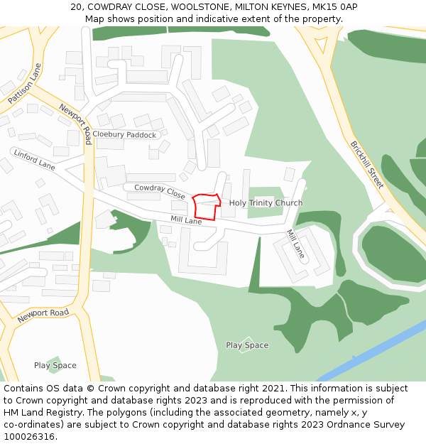 20, COWDRAY CLOSE, WOOLSTONE, MILTON KEYNES, MK15 0AP: Location map and indicative extent of plot