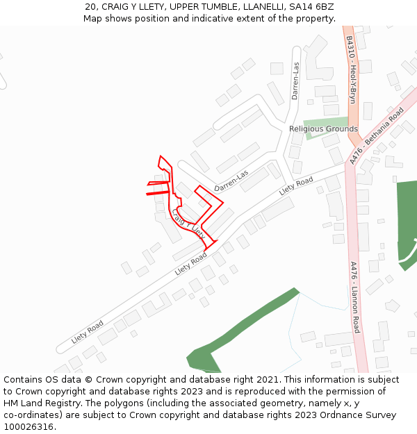 20, CRAIG Y LLETY, UPPER TUMBLE, LLANELLI, SA14 6BZ: Location map and indicative extent of plot