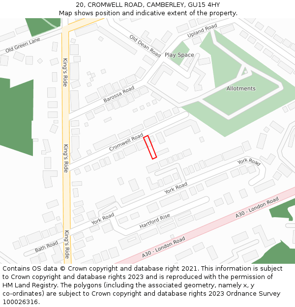 20, CROMWELL ROAD, CAMBERLEY, GU15 4HY: Location map and indicative extent of plot