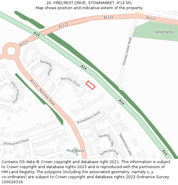 20, FIRECREST DRIVE, STOWMARKET, IP14 5FL: Location map and indicative extent of plot