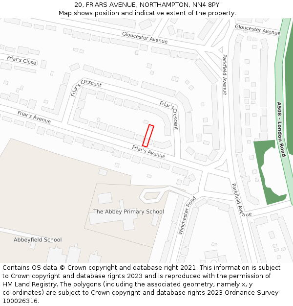 20, FRIARS AVENUE, NORTHAMPTON, NN4 8PY: Location map and indicative extent of plot