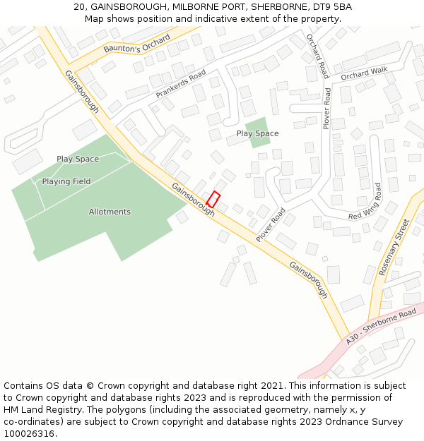 20, GAINSBOROUGH, MILBORNE PORT, SHERBORNE, DT9 5BA: Location map and indicative extent of plot