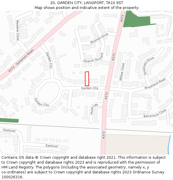 20, GARDEN CITY, LANGPORT, TA10 9ST: Location map and indicative extent of plot