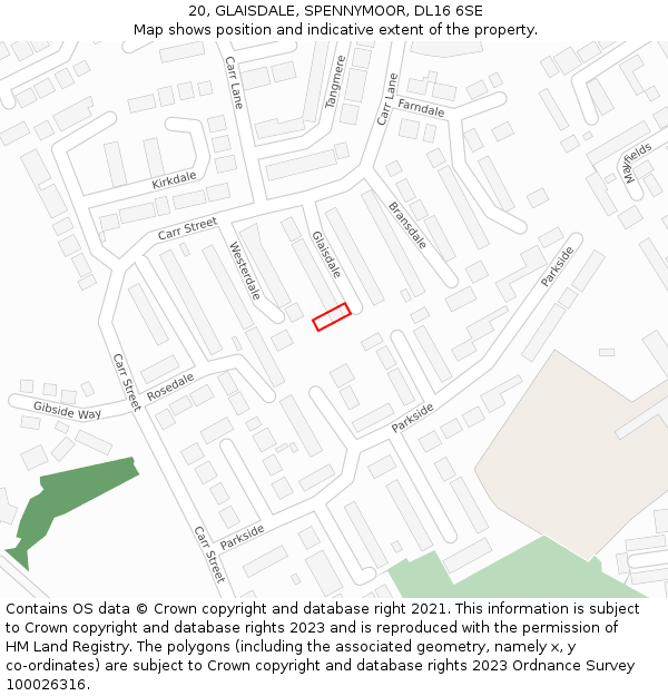 20, GLAISDALE, SPENNYMOOR, DL16 6SE: Location map and indicative extent of plot