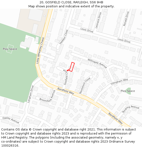 20, GOSFIELD CLOSE, RAYLEIGH, SS6 9HB: Location map and indicative extent of plot