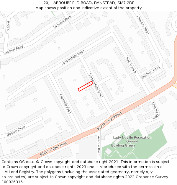 20, HARBOURFIELD ROAD, BANSTEAD, SM7 2DE: Location map and indicative extent of plot