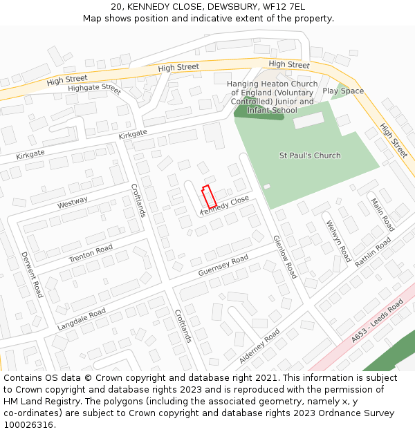 20, KENNEDY CLOSE, DEWSBURY, WF12 7EL: Location map and indicative extent of plot