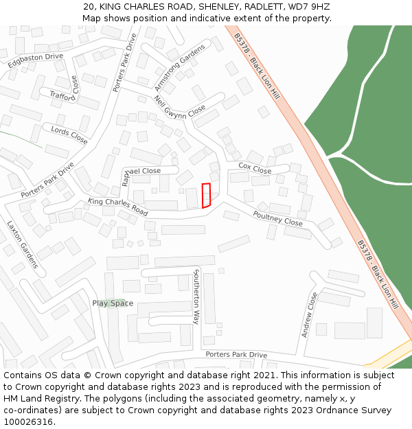 20, KING CHARLES ROAD, SHENLEY, RADLETT, WD7 9HZ: Location map and indicative extent of plot