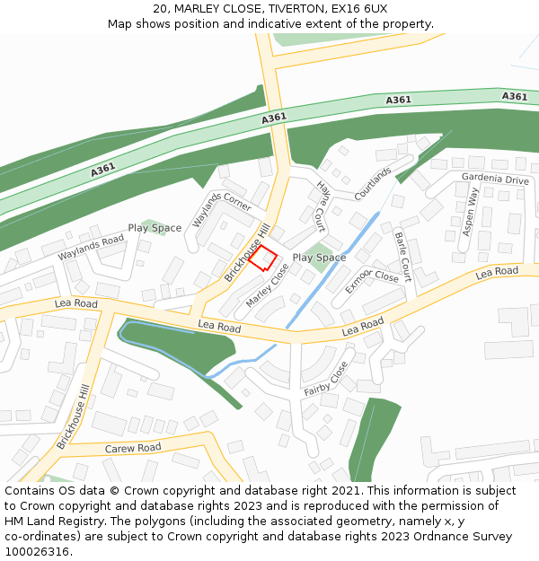 20, MARLEY CLOSE, TIVERTON, EX16 6UX: Location map and indicative extent of plot